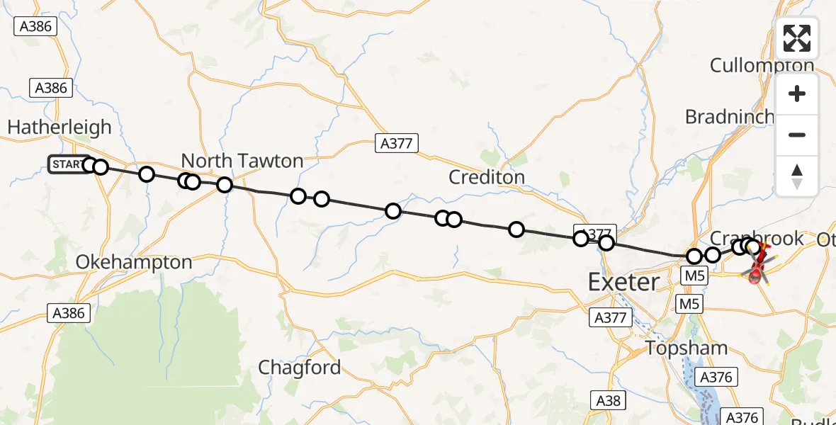 Flight path map showing Air Ambulance Helicopter route from Hatherleigh to Rockbeare