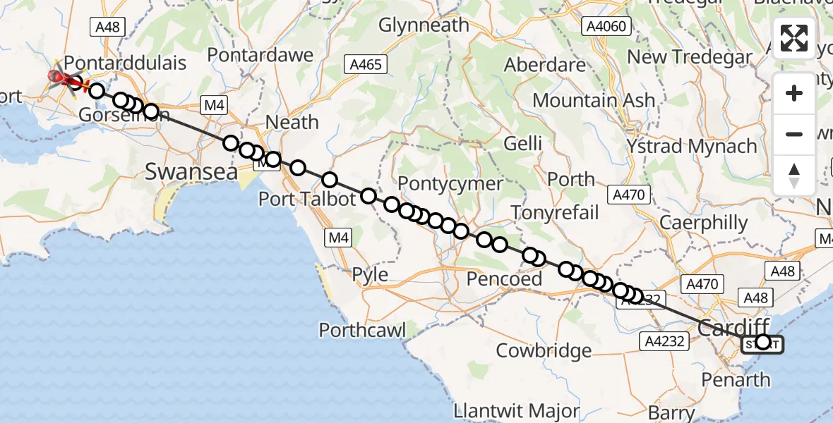Flight path map showing Air Ambulance Helicopter route from Cardiff Heliport to Dafen