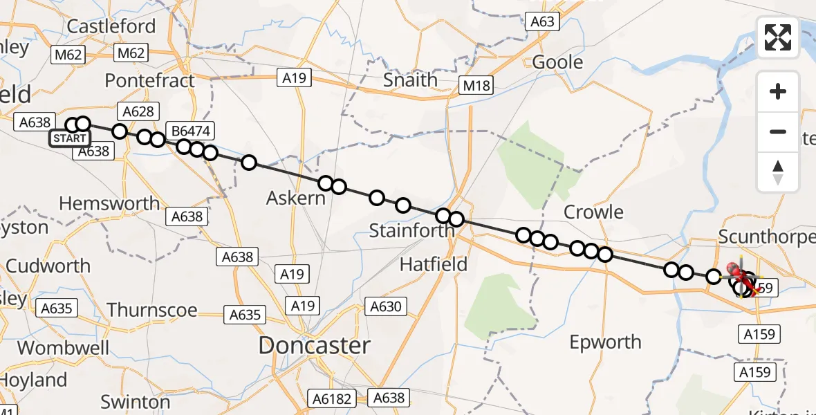 Flight path map showing Air Ambulance Helicopter route from YAA Nostell Helicopter Port to Yaddlethorpe