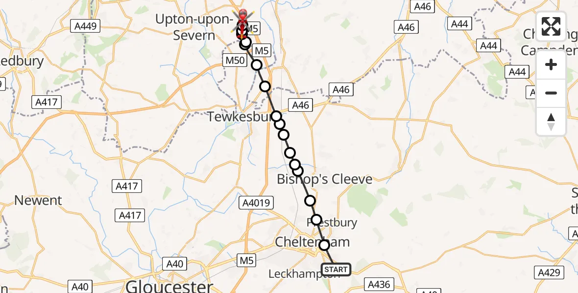 Flight path map showing Air Ambulance Helicopter route from Charlton Kings to Hill Croome