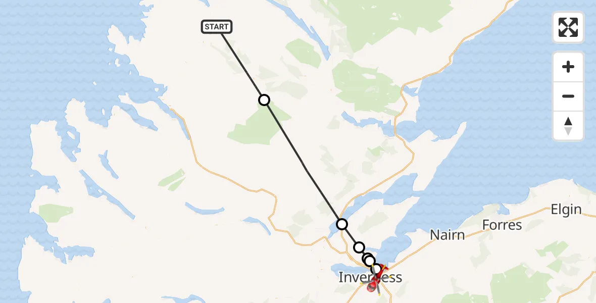 Flight path map showing Air Ambulance Helicopter route from Lyne to Inverness