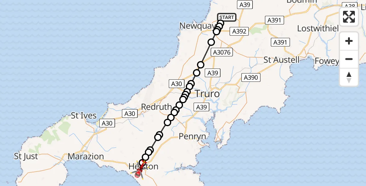 Flight path map showing Air Ambulance Helicopter route from Cornwall Airport Newquay to Helston