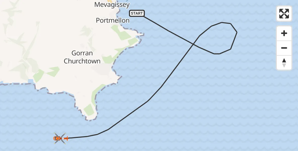 Flight path map showing Coastguard Helicopter route from English Channel to English Channel