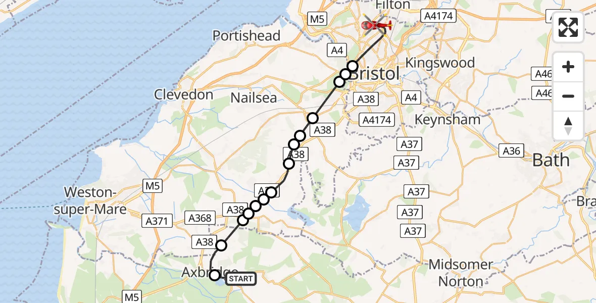 Flight path map showing Air Ambulance Helicopter route from Cheddar to Bristol