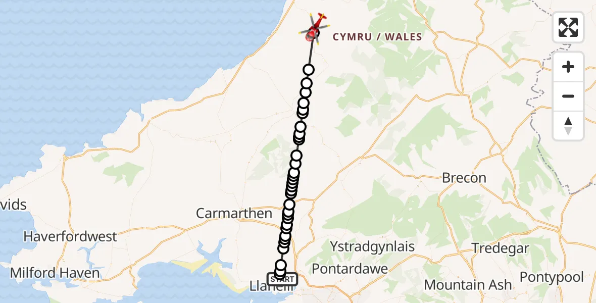 Flight path map showing Air Ambulance Helicopter route from Dafen to Lledrod