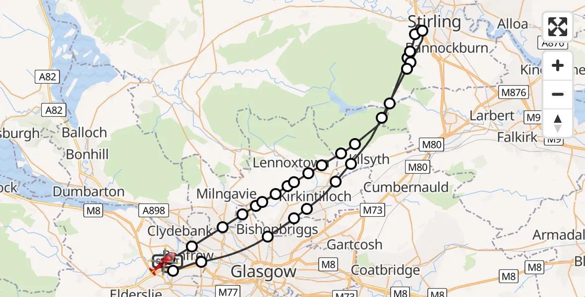 Flight path map showing Air Ambulance Helicopter route from Glasgow Airport to Glasgow Airport
