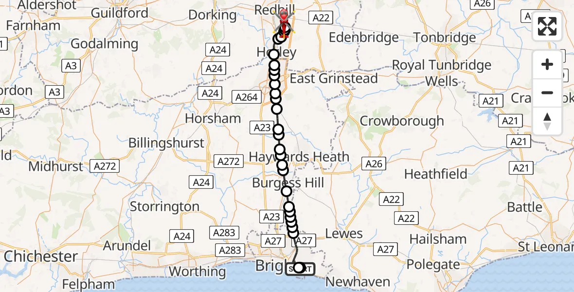 Flight path map showing Air Ambulance Helicopter route from Brighton to Redhill Aerodrome