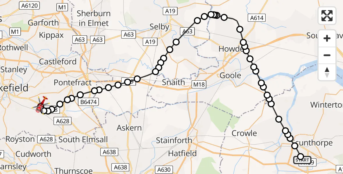 Flight path map showing Air Ambulance Helicopter route from Yaddlethorpe to YAA Nostell Helicopter Port