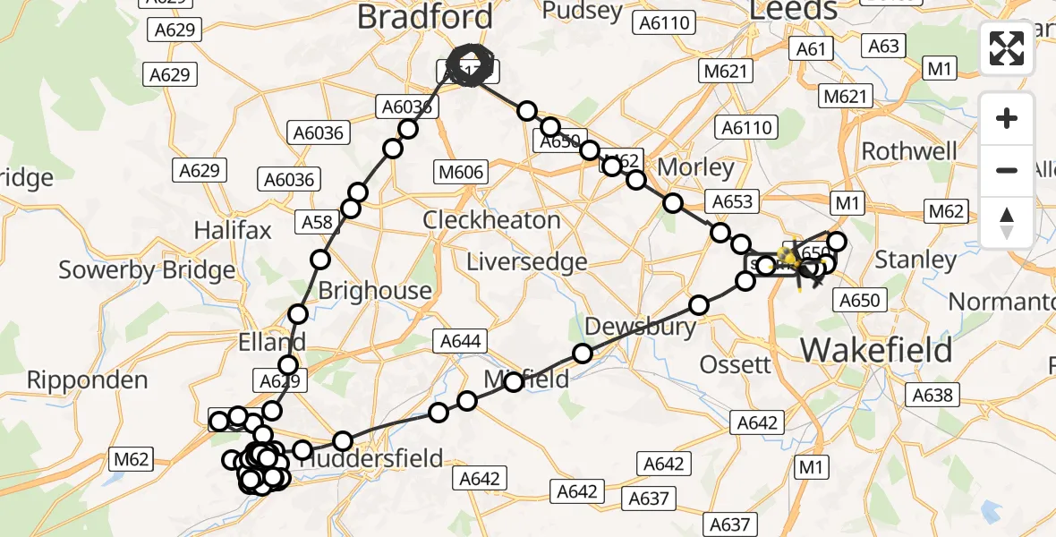Flight path map showing Police Helicopter route from East Ardsley to East Ardsley