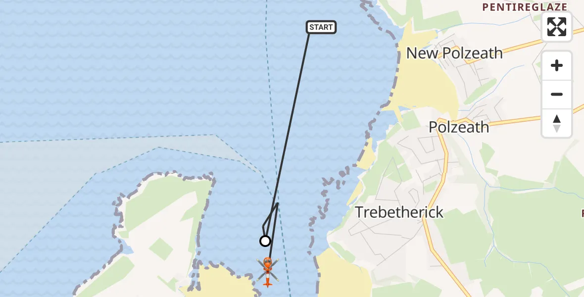 Flight path map showing Coastguard Helicopter route from New Polzeath to Trebetherick