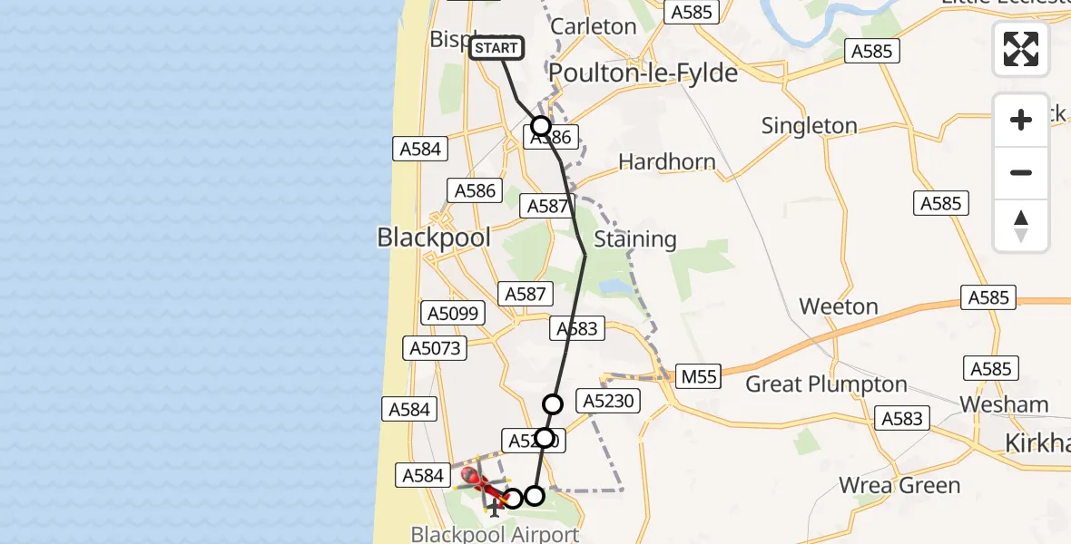 Flight path map showing Air Ambulance Helicopter route from Bispham to Blackpool Airport