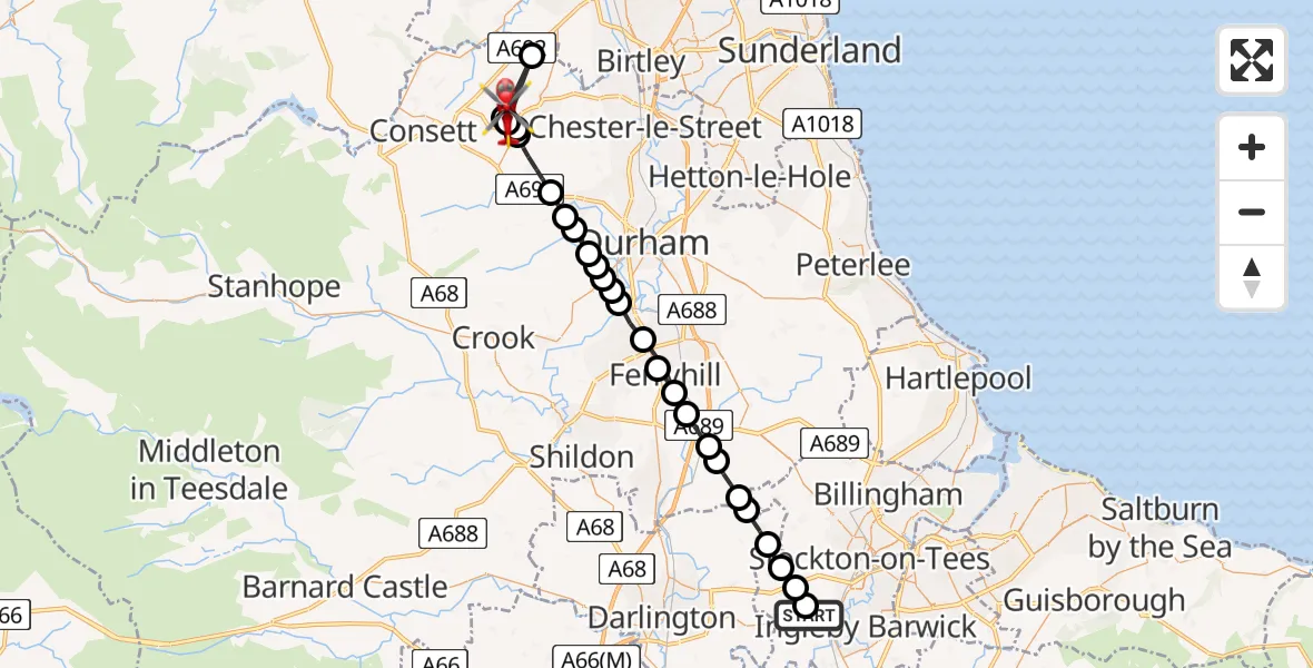 Flight path map showing Air Ambulance Helicopter route from Egglescliffe to Annfield Plain