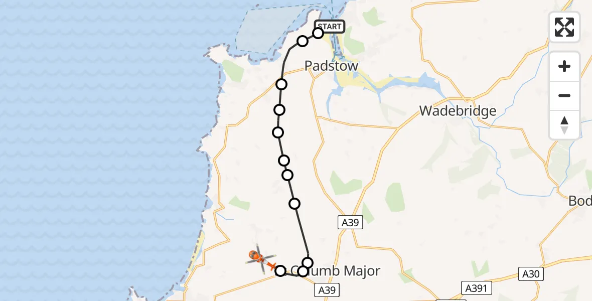 Flight path map showing Coastguard Helicopter route from Trebetherick to Cornwall Airport Newquay