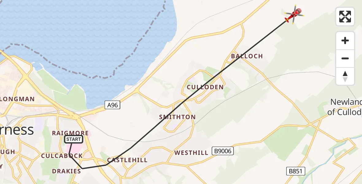 Flight path map showing Air Ambulance Helicopter route from Inverness to Inverness