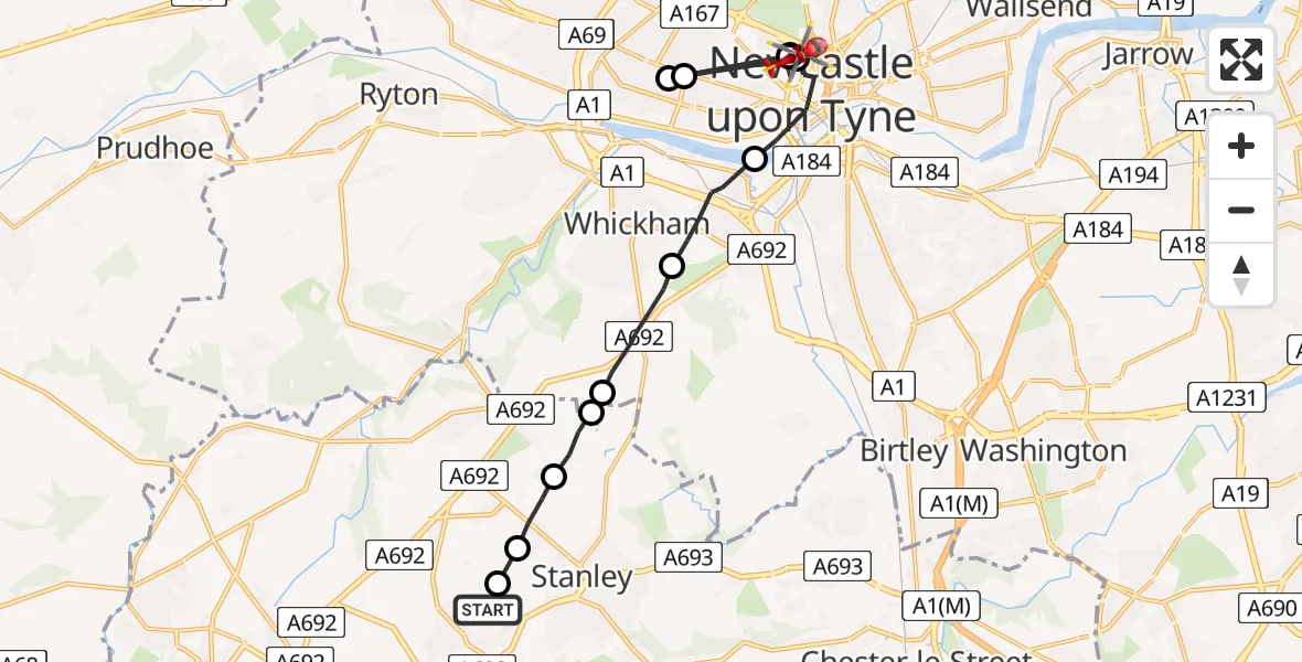 Flight path map showing Air Ambulance Helicopter route from Annfield Plain to Newcastle Royal Victoria Infirmary