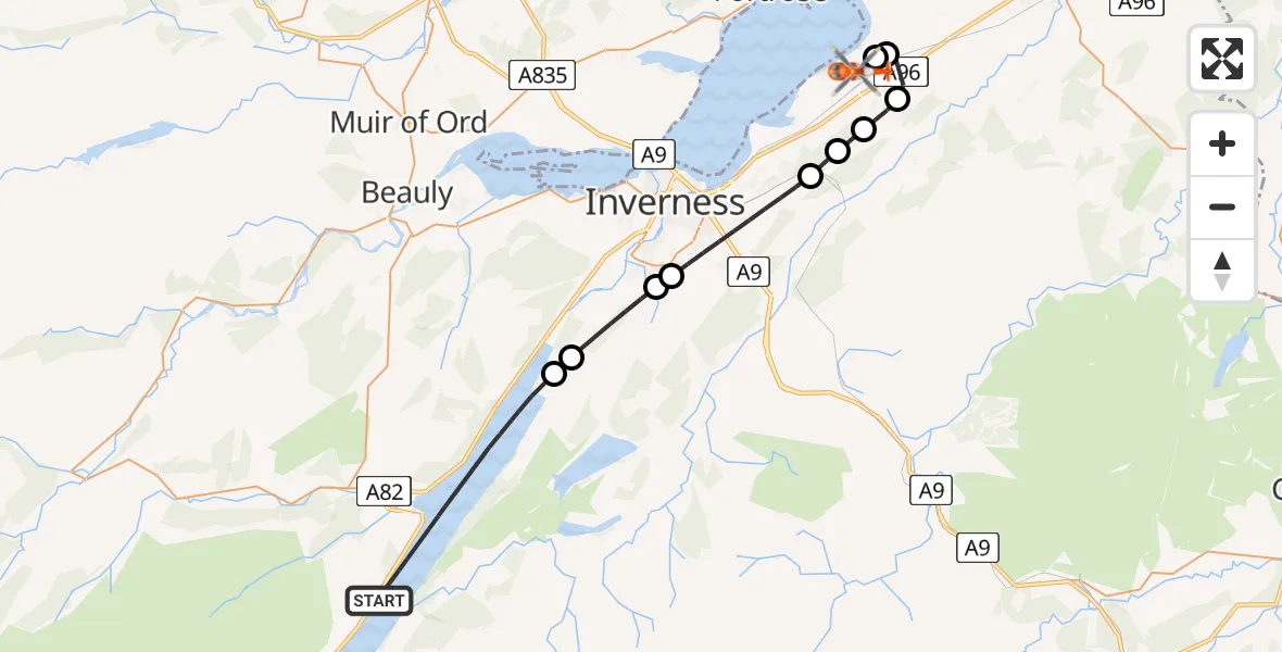 Flight path map showing Coastguard Helicopter route from Loch Ness to Inverness Airport