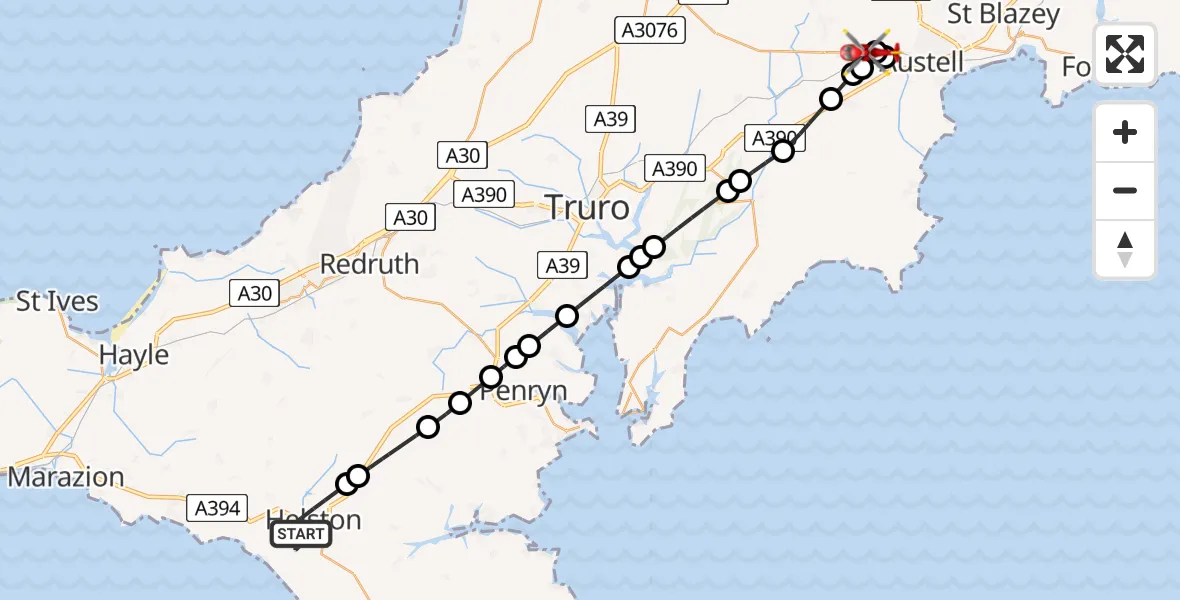 Flight path map showing Air Ambulance Helicopter route from Helston to Trewoon