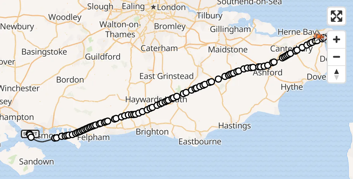 Flight path map showing Coastguard Helicopter route from Solent Airport to Manston Airport