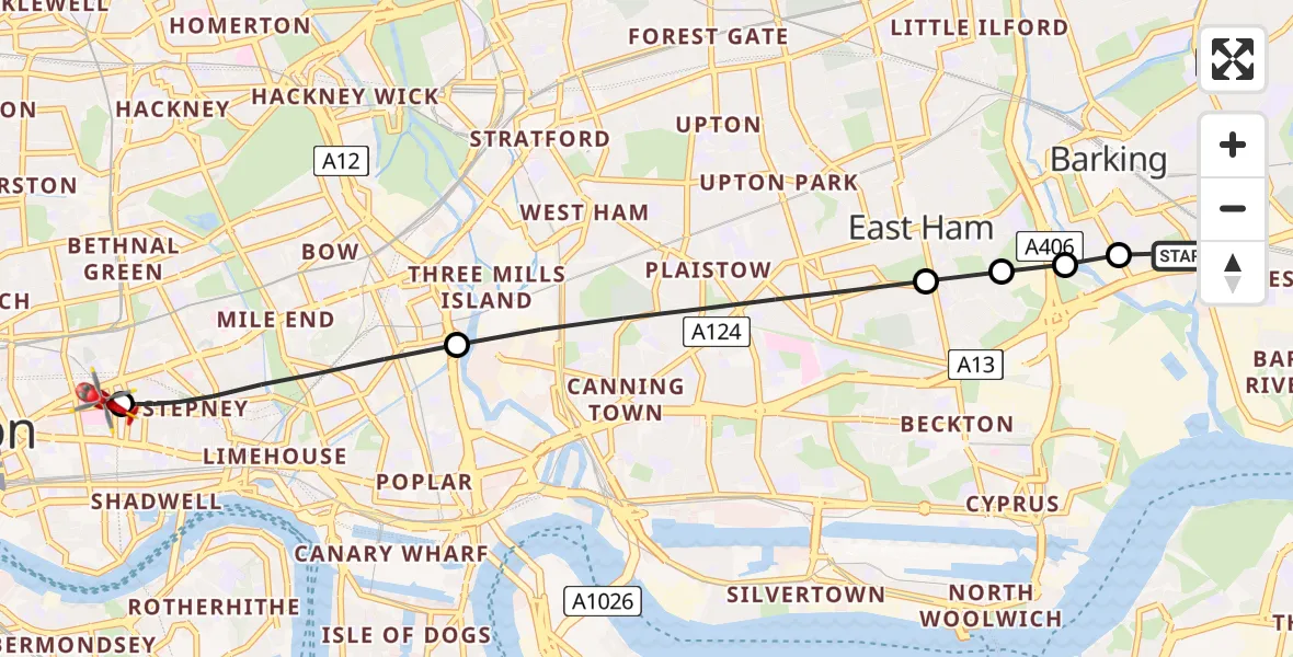 Flight path map showing Air Ambulance Helicopter route from London Borough of Barking and Dagenham to Royal London Hospital