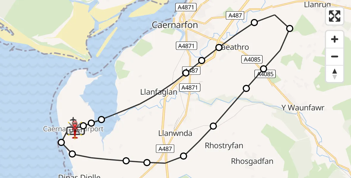 Flight path map showing Air Ambulance Helicopter route from Caernarfon Airport to Caernarfon Airport