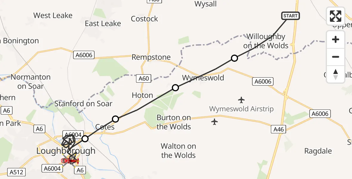 Flight path map showing Air Ambulance Helicopter route from Willoughby on the Wolds to Loughborough