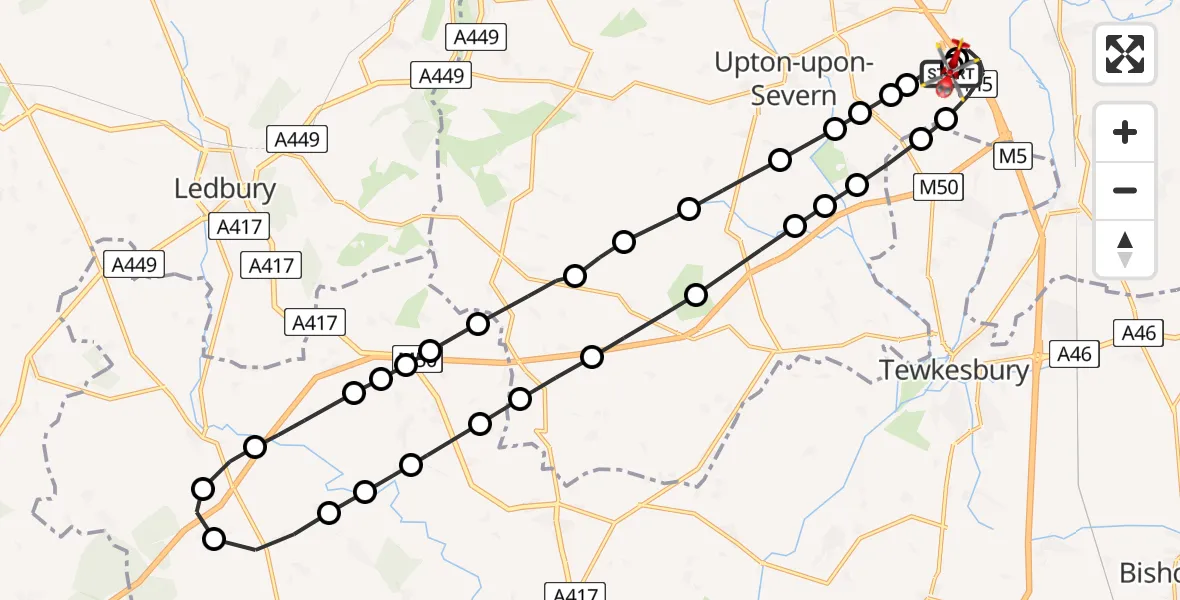 Flight path map showing Air Ambulance Helicopter route from Hill Croome to Hill Croome