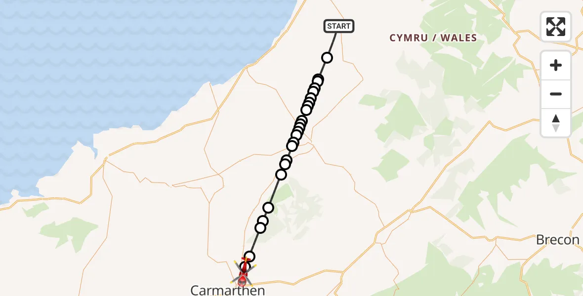 Flight path map showing Air Ambulance Helicopter route from Lledrod to Peniel