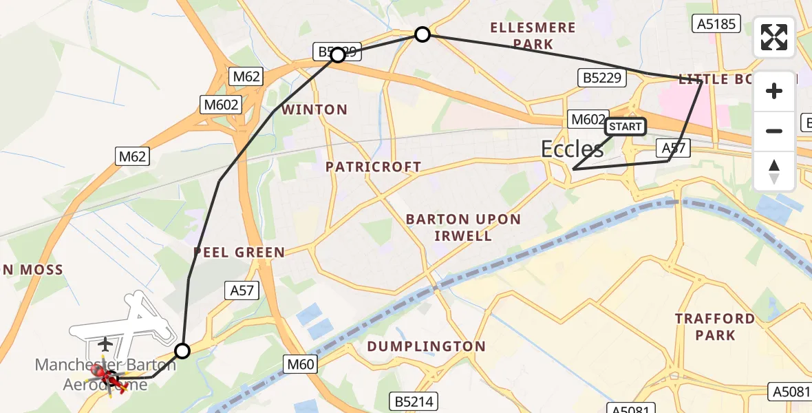 Flight path map showing Air Ambulance Helicopter route from Eccles to Manchester Barton Aerodrome