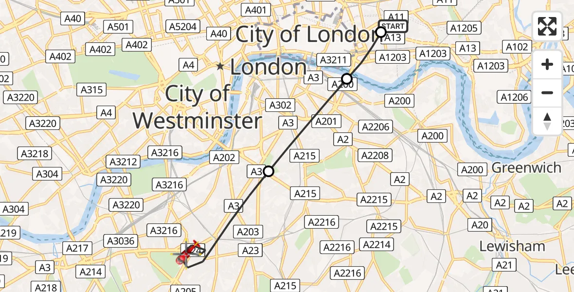 Flight path map showing Air Ambulance Helicopter route from Royal London Hospital to London Borough of Lambeth