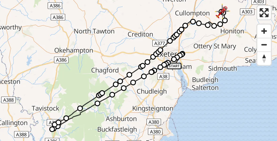 Flight path map showing Air Ambulance Helicopter route from Exminster to Dunkeswell