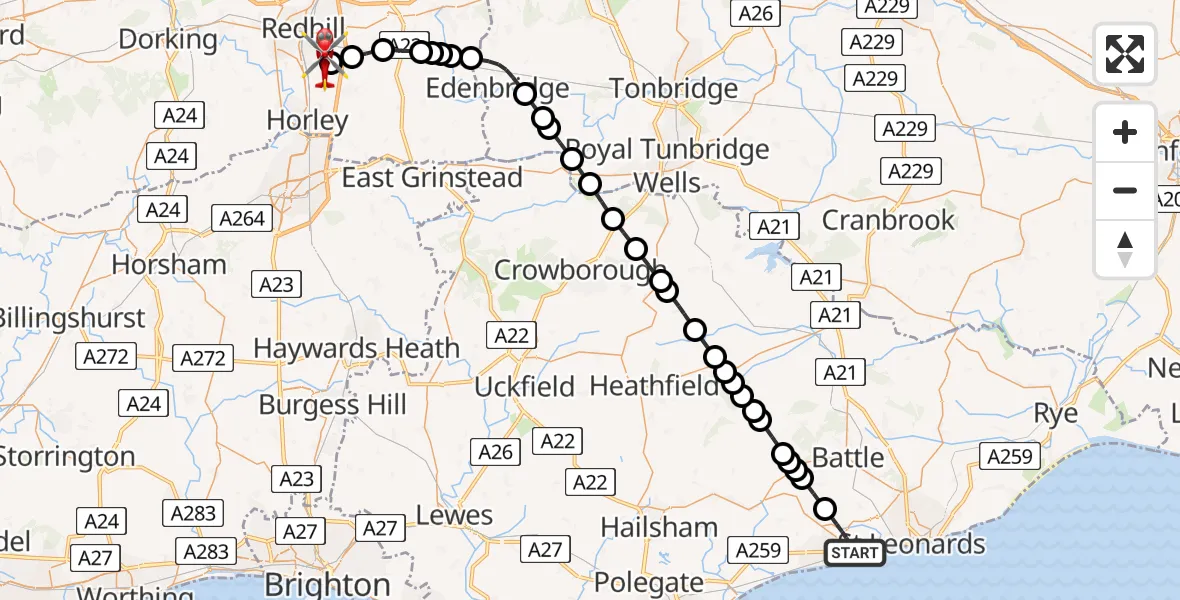 Flight path map showing Air Ambulance Helicopter route from Bexhill-on-Sea to Redhill Aerodrome