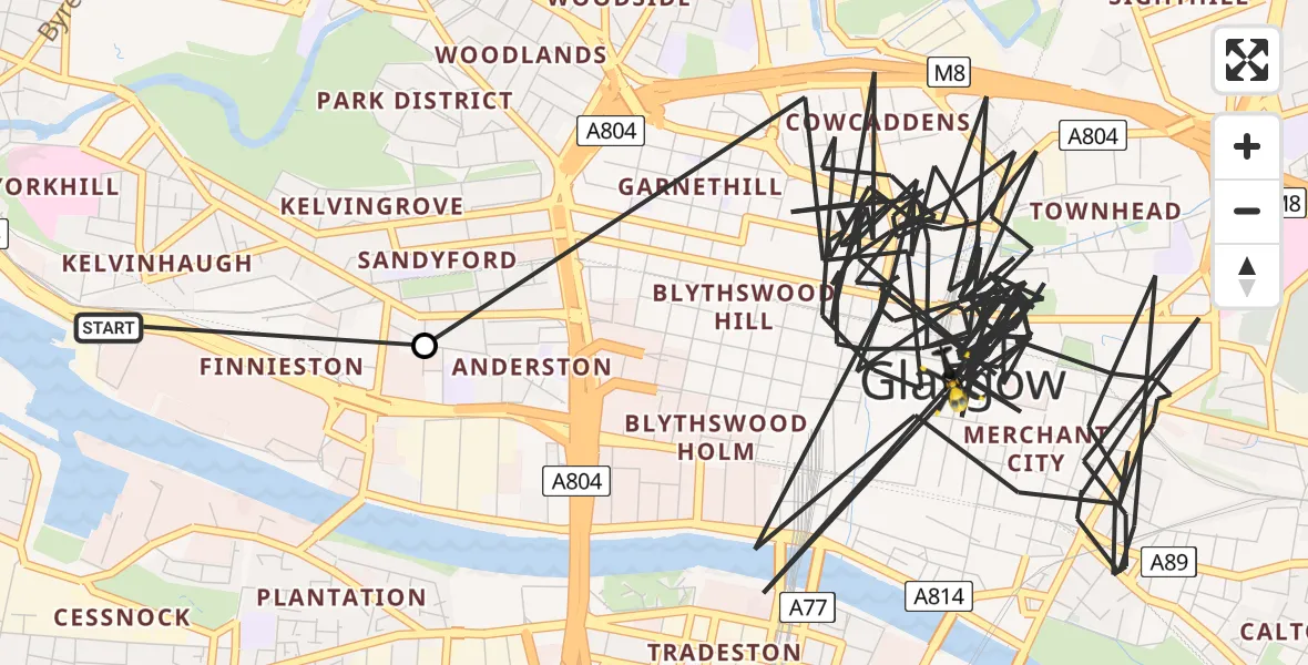 Flight path map showing Police Helicopter route from Glasgow City Heliport to Glasgow