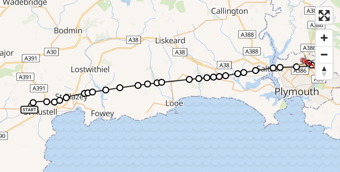 Flight path map showing Air Ambulance Helicopter route from Trewoon to Derriford Hospital