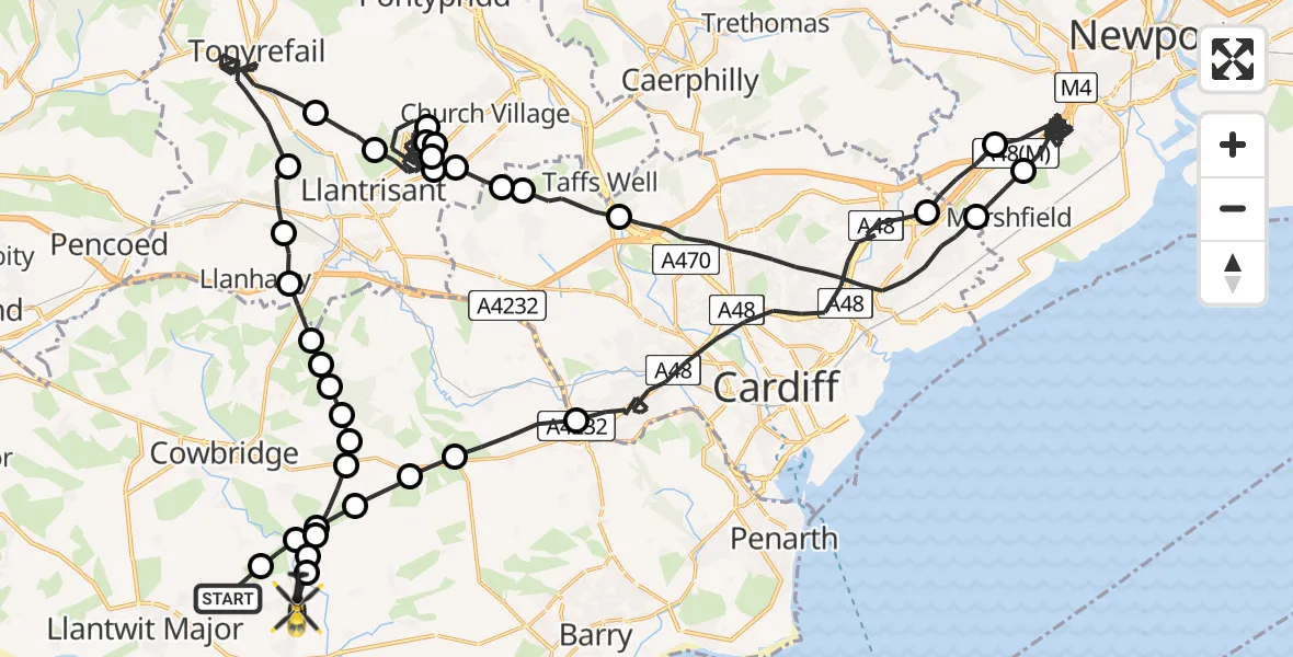 Flight path map showing Police Helicopter route from Eglwys Brewis to Flemingston