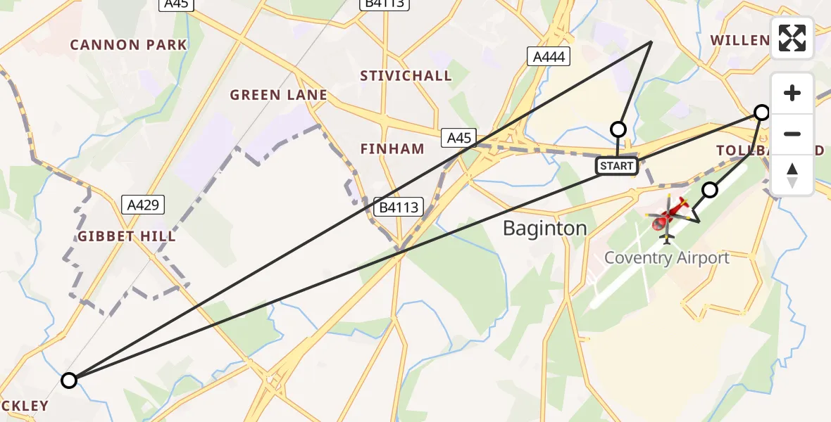 Flight path map showing Air Ambulance Helicopter route from Coventry Airport to Coventry Airport