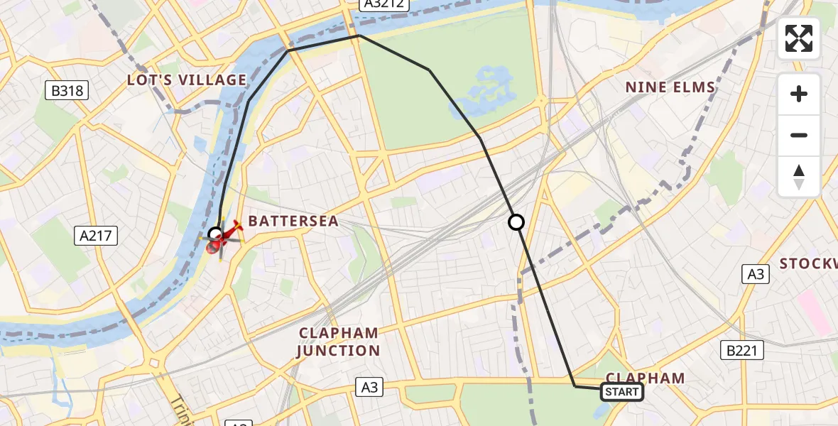 Flight path map showing Air Ambulance Helicopter route from London Borough of Lambeth to London Heliport