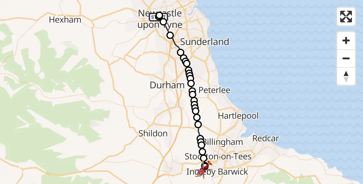 Flight path map showing Air Ambulance Helicopter route from Newcastle Royal Victoria Infirmary to Egglescliffe
