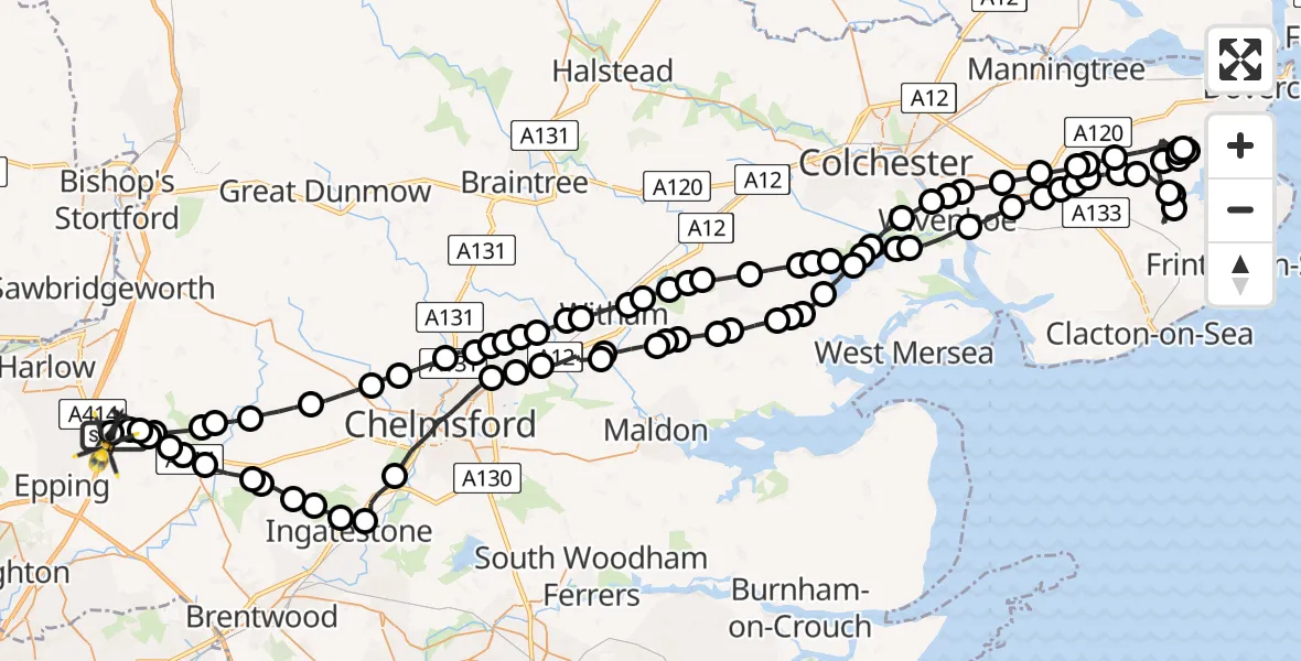 Flight path map showing Police Helicopter route from North Weald Airfield to North Weald Airfield
