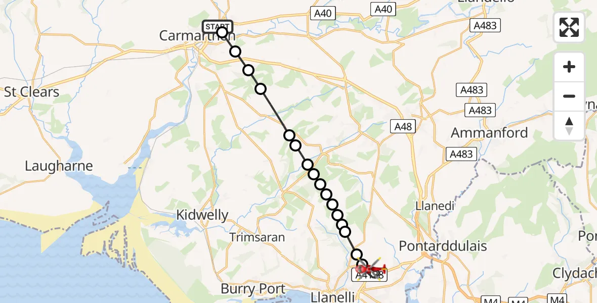Flight path map showing Air Ambulance Helicopter route from Carmarthen to Dafen