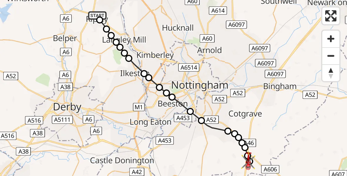 Flight path map showing Air Ambulance Helicopter route from Ripley to Nottingham Heliport