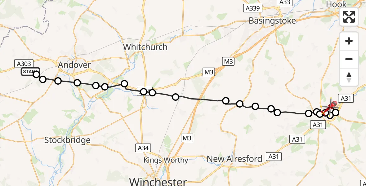 Flight path map showing Air Ambulance Helicopter route from Amport to Holybourne
