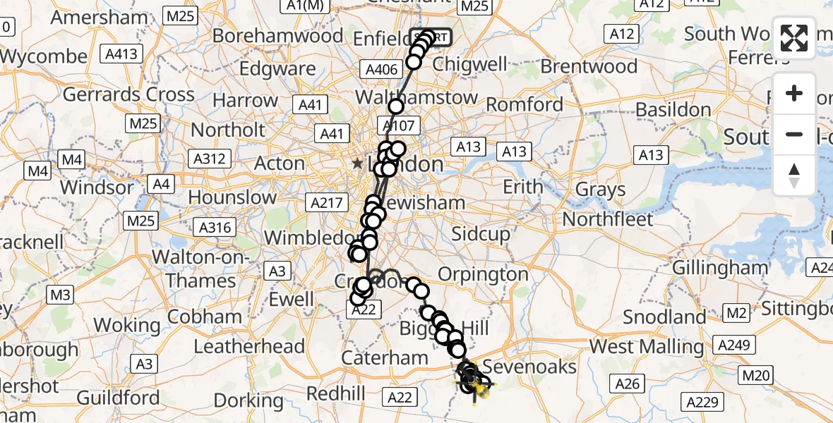 Flight path map showing Police Helicopter route from Sewardstonebury to French Street