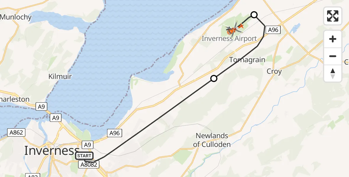 Flight path map showing Coastguard Helicopter route from Inverness to Inverness Airport