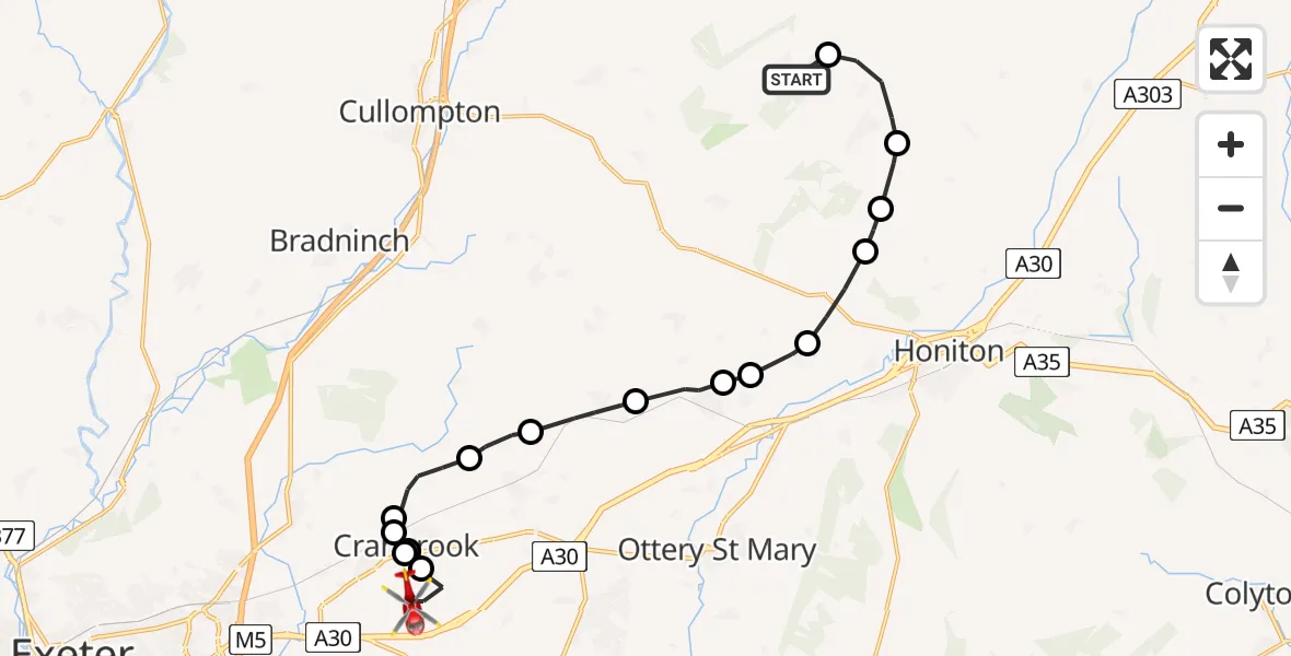 Flight path map showing Air Ambulance Helicopter route from Sheldon to Rockbeare