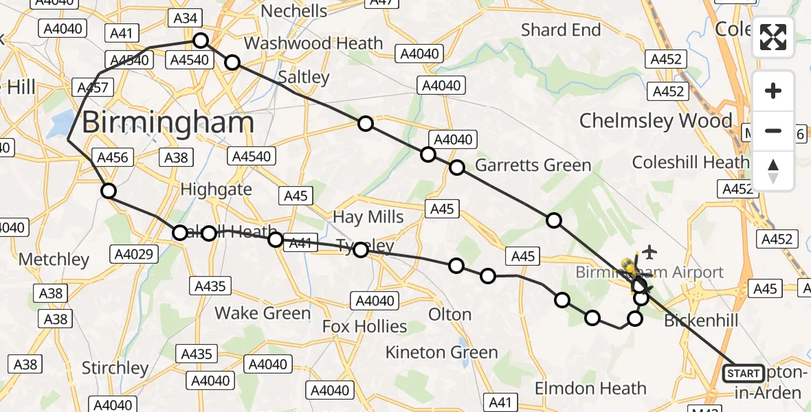Flight path map showing Police Helicopter route from Hampton in Arden to Birmingham Airport