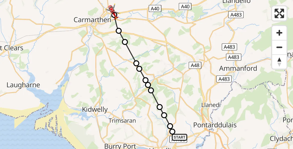 Flight path map showing Air Ambulance Helicopter route from Dafen to Abergwili