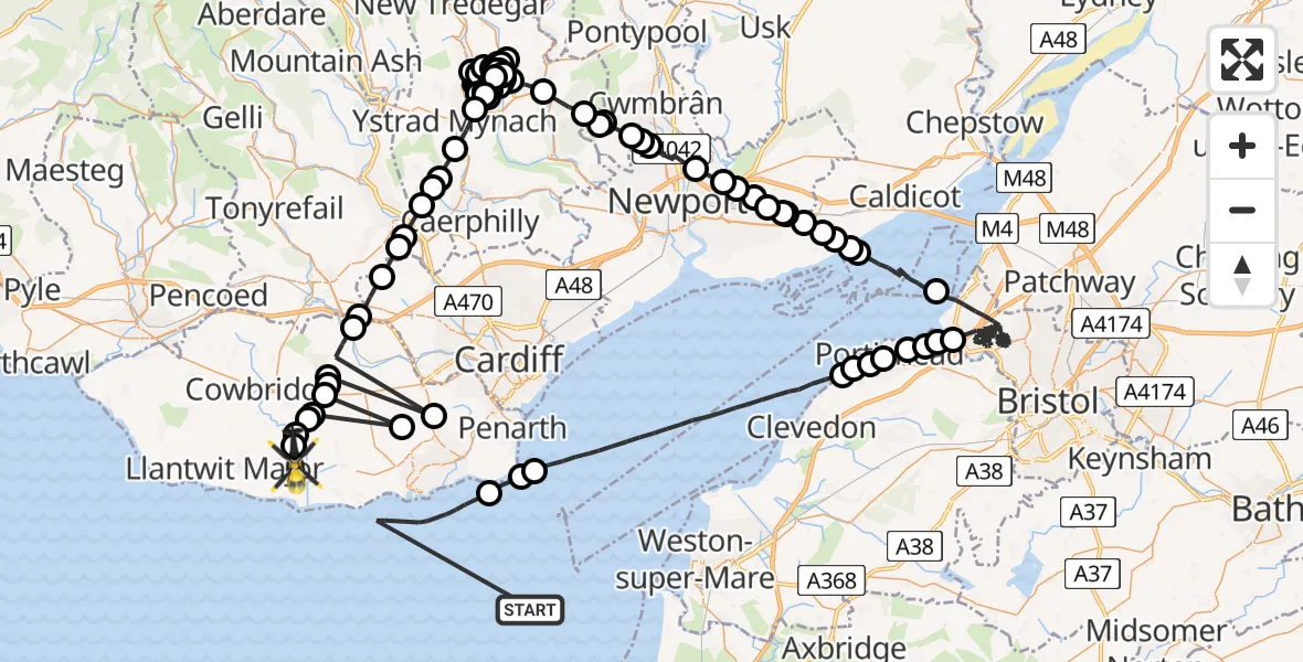Flight path map showing Police Helicopter route from Bristol Channel to Flemingston