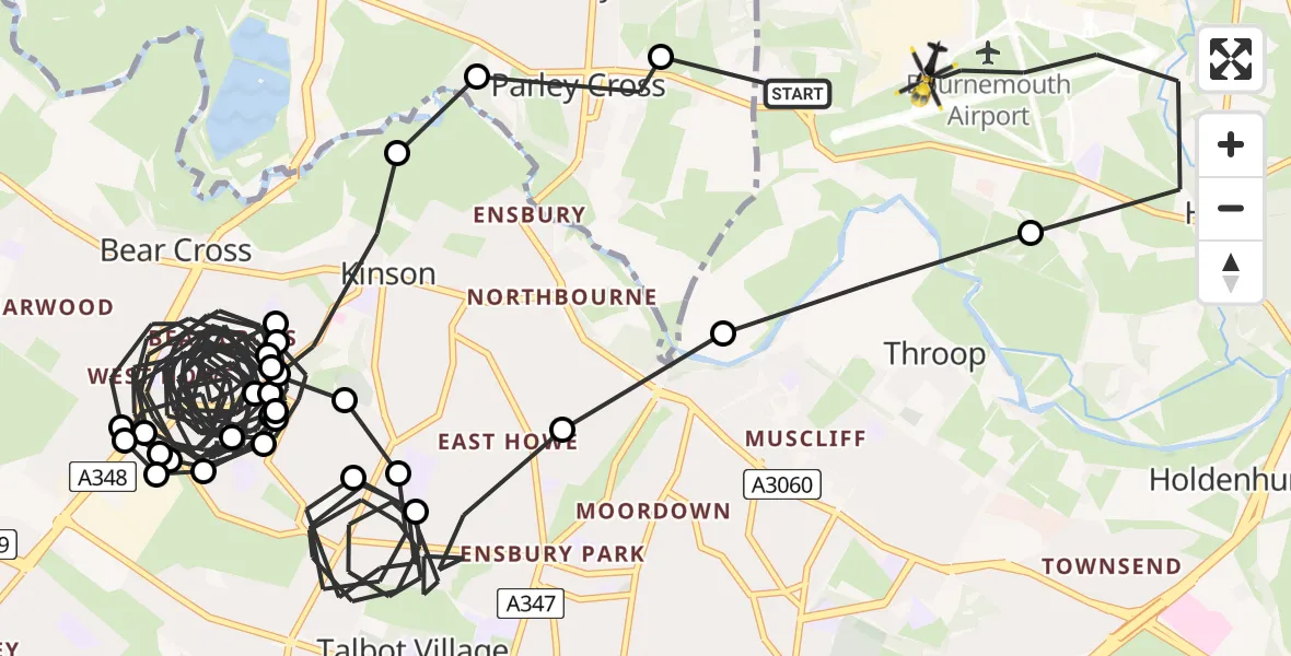 Flight path map showing Police Helicopter route from Hurn to Bournemouth Airport