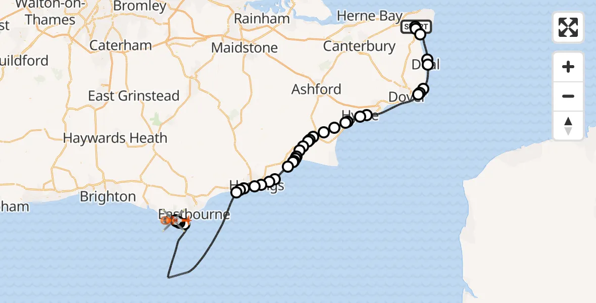 Flight path map showing Coastguard Helicopter route from Manston Airport to Friston