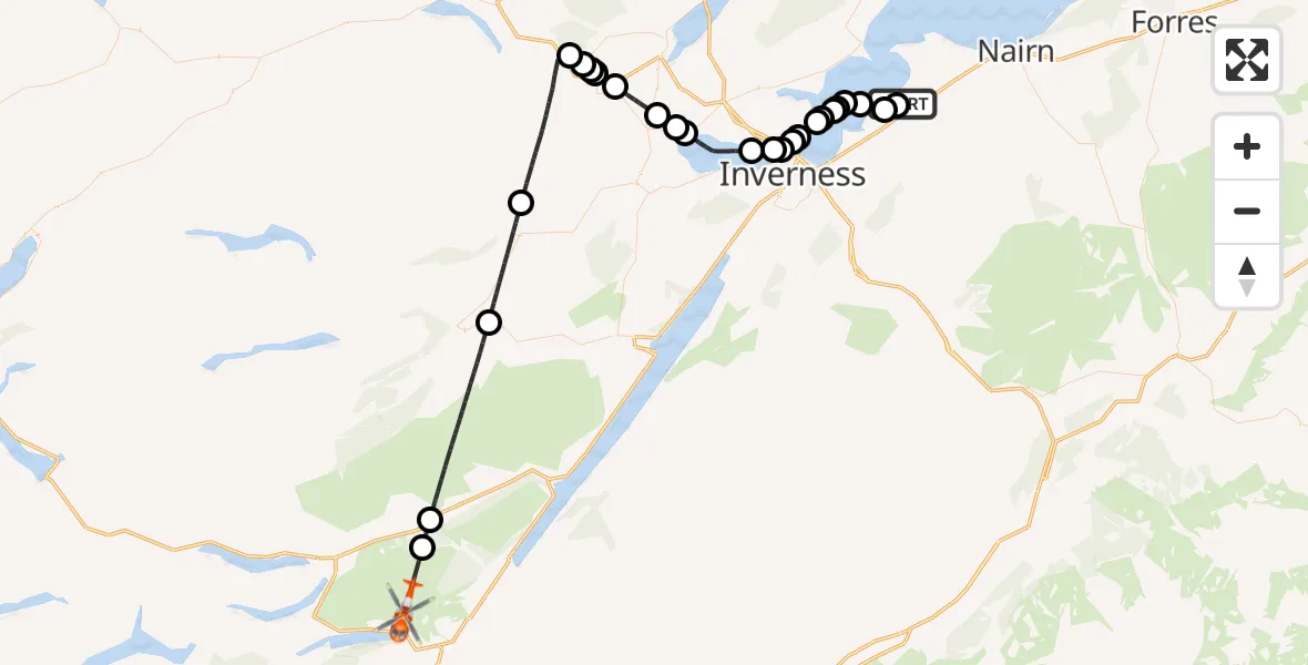 Flight path map showing Coastguard Helicopter route from Inverness Airport to Dalchreichart